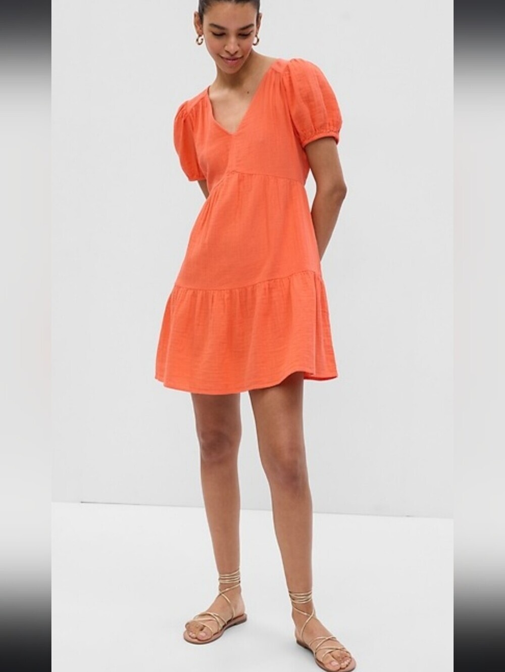 Gap Crinkle Gauze Puff Sleeve Tiered Mini Cotton Dress